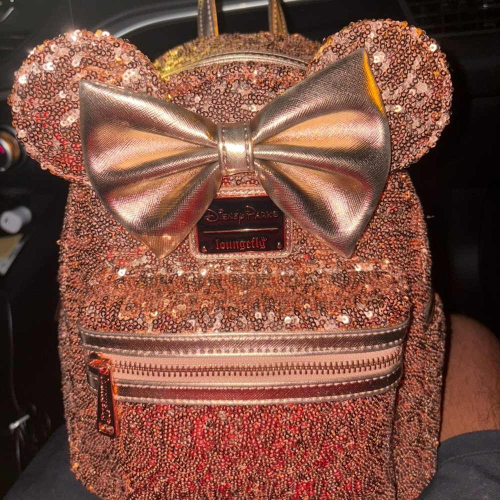 Loungefly Bronze Sequin Backpack with Metallic Bow